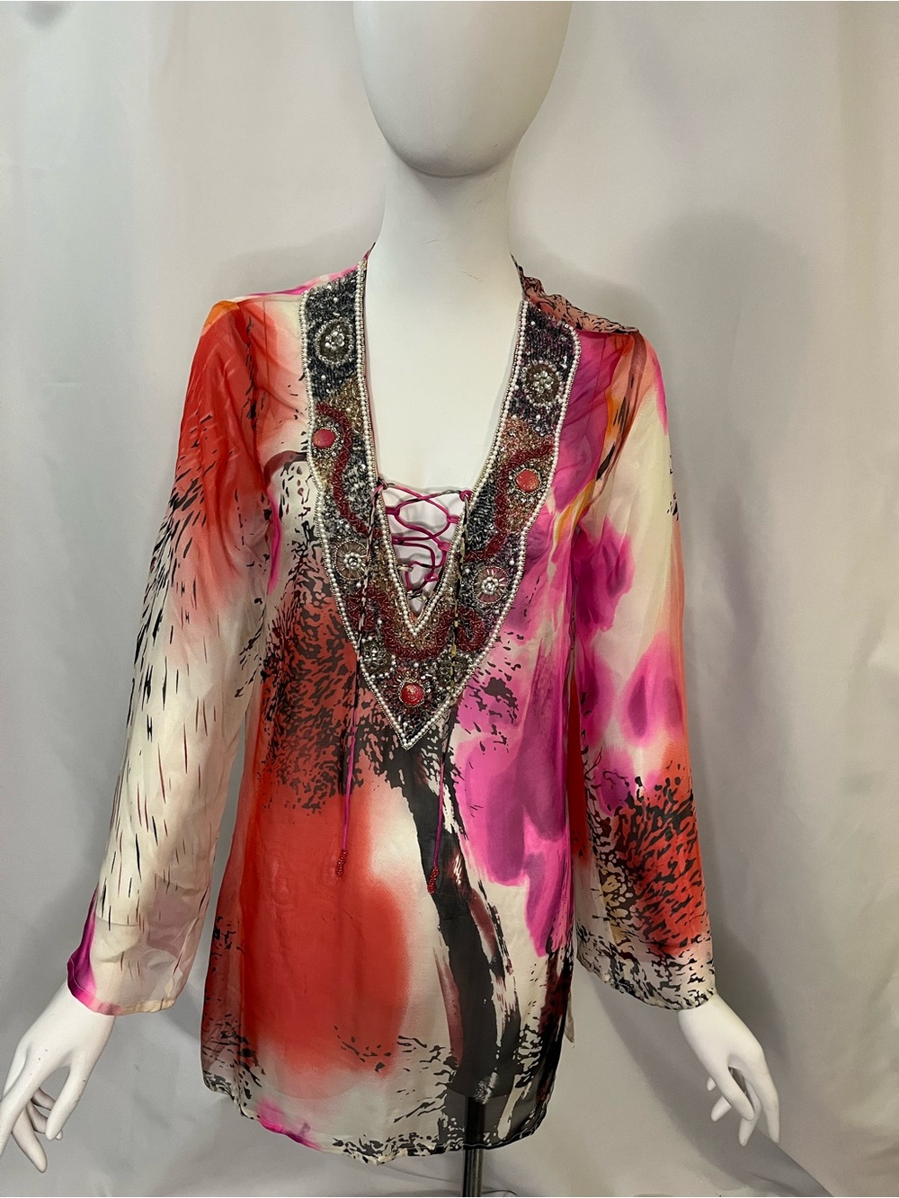 Beaded Lace-Up Floral Tunic Top or Cover Up